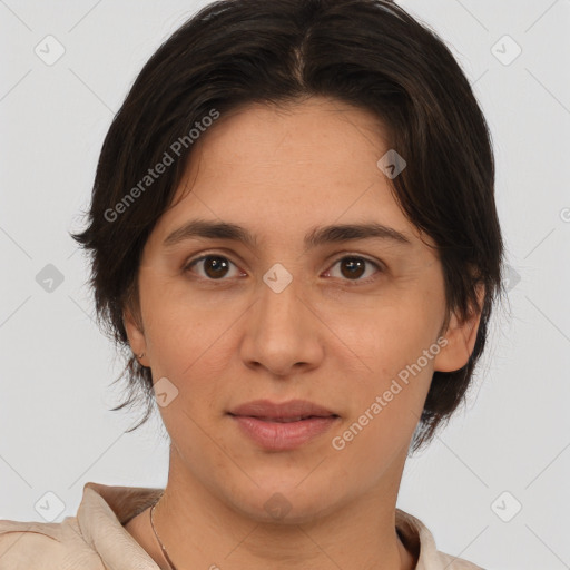 Joyful white young-adult female with medium  brown hair and brown eyes