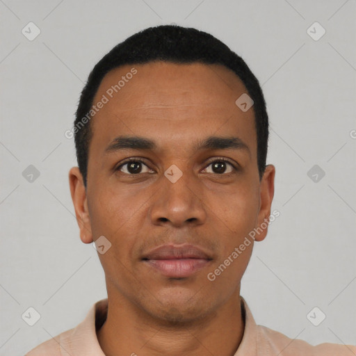 Neutral black young-adult male with short  black hair and brown eyes
