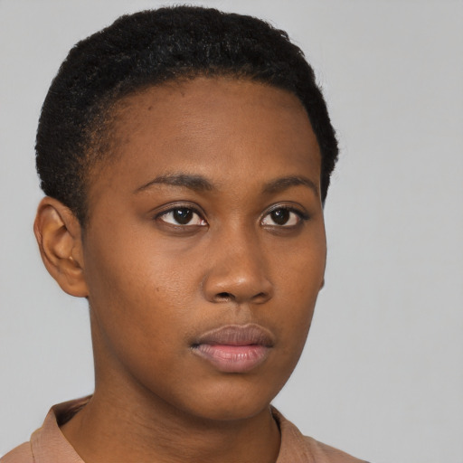 Neutral black young-adult female with short  black hair and brown eyes