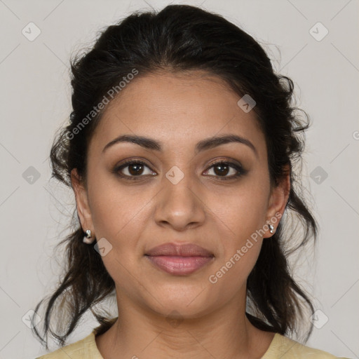 Joyful latino young-adult female with medium  brown hair and brown eyes