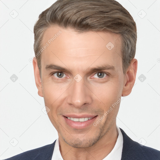 Joyful white adult male with short  brown hair and brown eyes