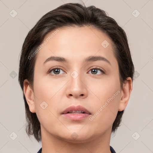 Neutral white young-adult female with medium  brown hair and brown eyes