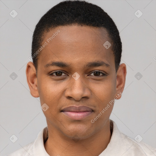 Joyful latino young-adult male with short  brown hair and brown eyes