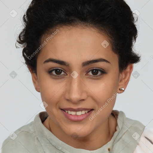 Joyful latino young-adult female with short  brown hair and brown eyes