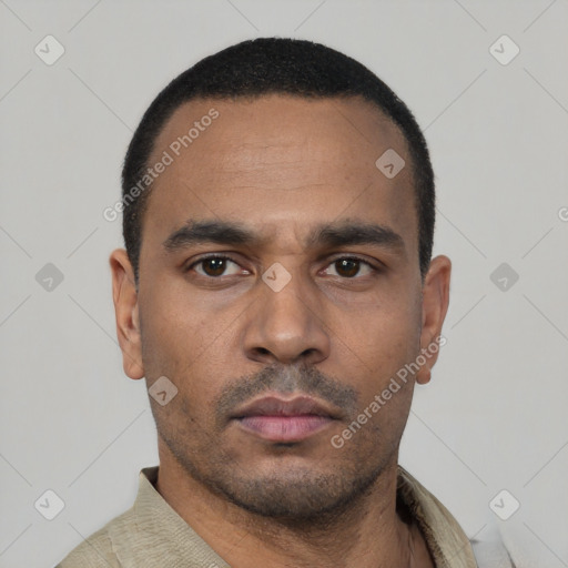 Neutral latino young-adult male with short  black hair and brown eyes