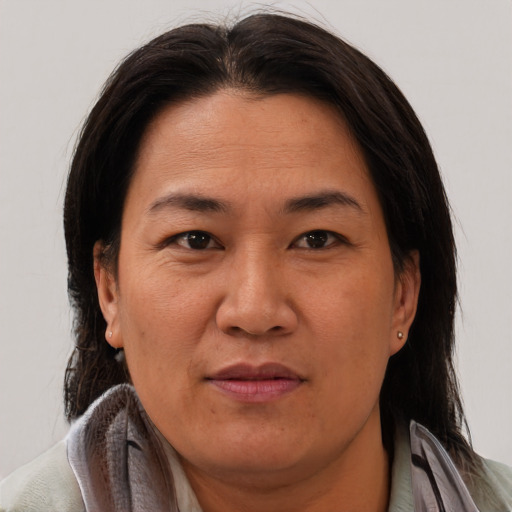 Joyful asian adult female with medium  brown hair and brown eyes