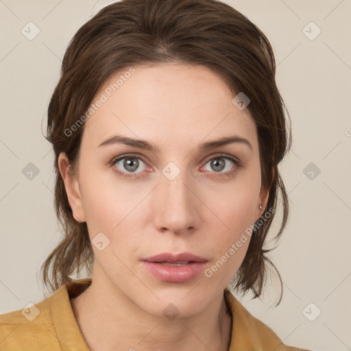 Neutral white young-adult female with medium  brown hair and grey eyes