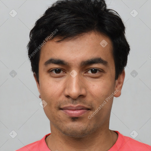 Neutral latino young-adult male with short  black hair and brown eyes