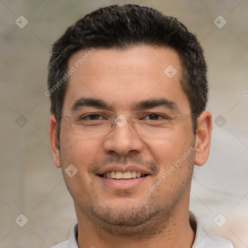 Joyful white young-adult male with short  black hair and brown eyes