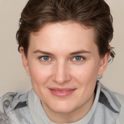 Joyful white young-adult female with medium  brown hair and blue eyes