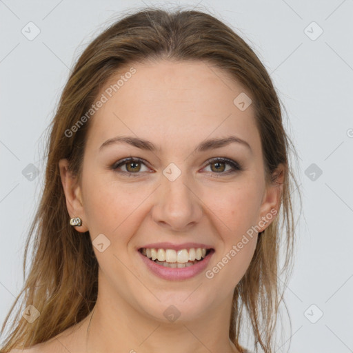 Joyful white young-adult female with long  brown hair and grey eyes