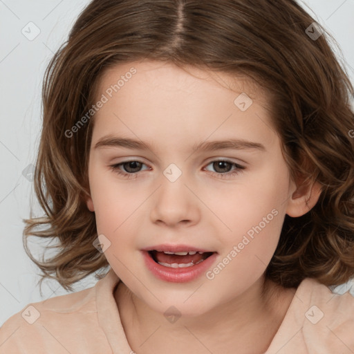 Joyful white child female with medium  brown hair and brown eyes