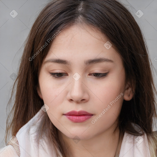 Neutral white young-adult female with medium  brown hair and brown eyes