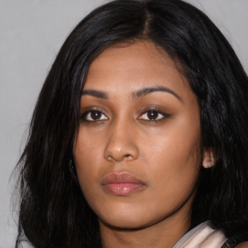 Neutral asian young-adult female with long  black hair and brown eyes