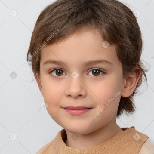 Joyful white child female with medium  brown hair and brown eyes