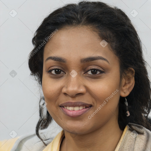 Joyful latino young-adult female with long  brown hair and brown eyes