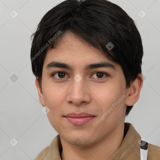 Joyful asian young-adult male with short  brown hair and brown eyes