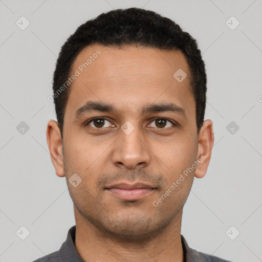 Neutral latino young-adult male with short  black hair and brown eyes