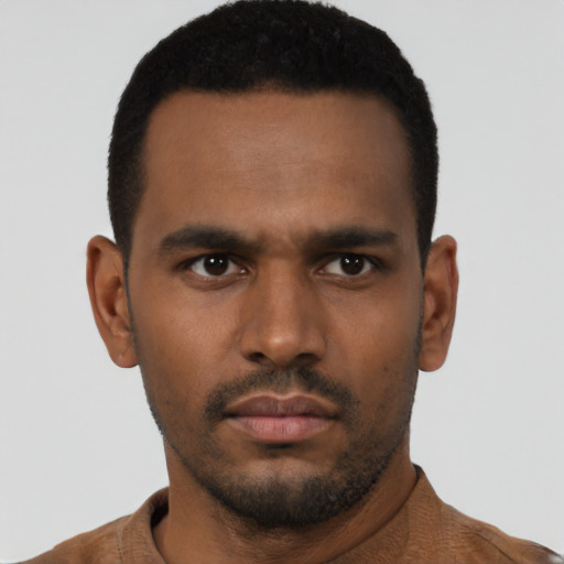 Neutral black young-adult male with short  black hair and brown eyes