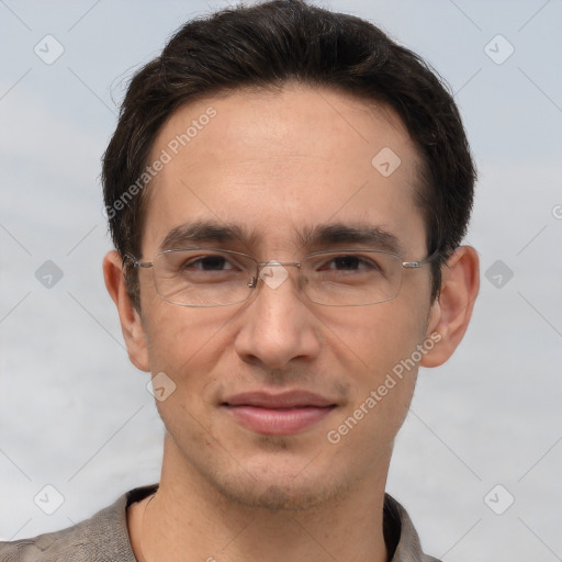 Joyful white adult male with short  brown hair and brown eyes