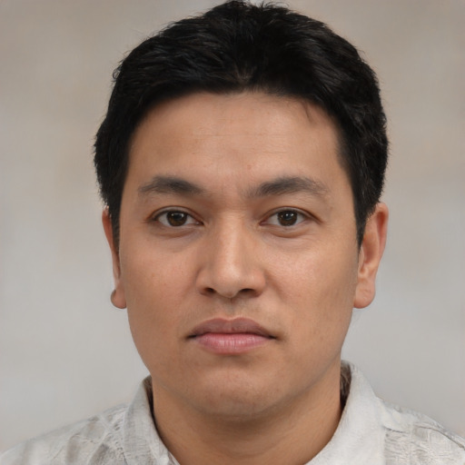 Joyful asian young-adult male with short  black hair and brown eyes