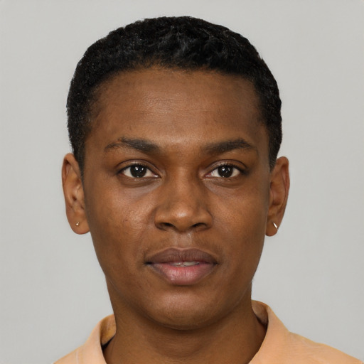 Neutral black young-adult male with short  black hair and brown eyes