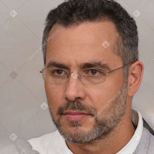 Neutral white adult male with short  brown hair and brown eyes