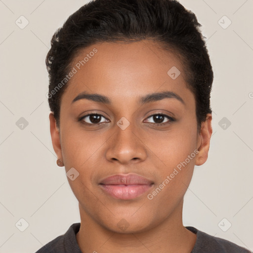 Neutral latino young-adult female with short  brown hair and brown eyes