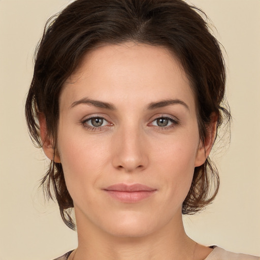 Neutral white young-adult female with medium  brown hair and brown eyes