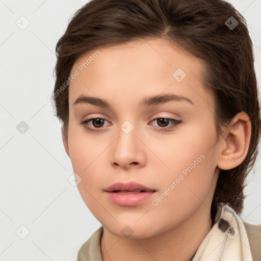 Neutral white young-adult female with long  brown hair and brown eyes