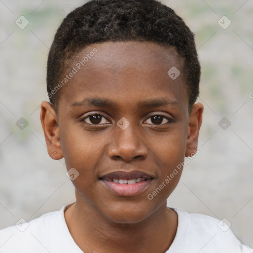 Joyful black young-adult male with short  brown hair and brown eyes