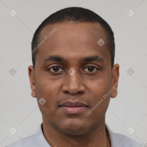 Neutral black young-adult male with short  black hair and brown eyes