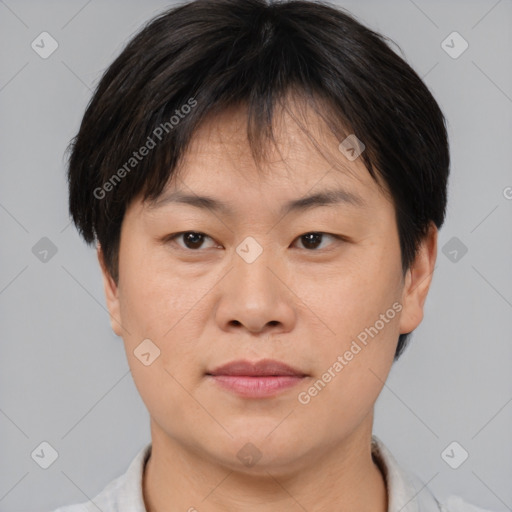 Joyful asian young-adult female with short  brown hair and brown eyes