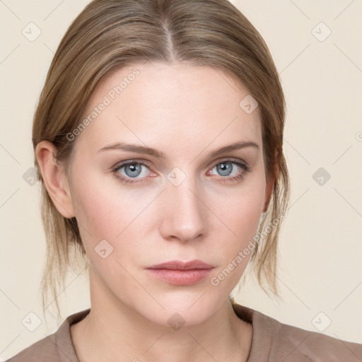 Neutral white young-adult female with medium  brown hair and blue eyes