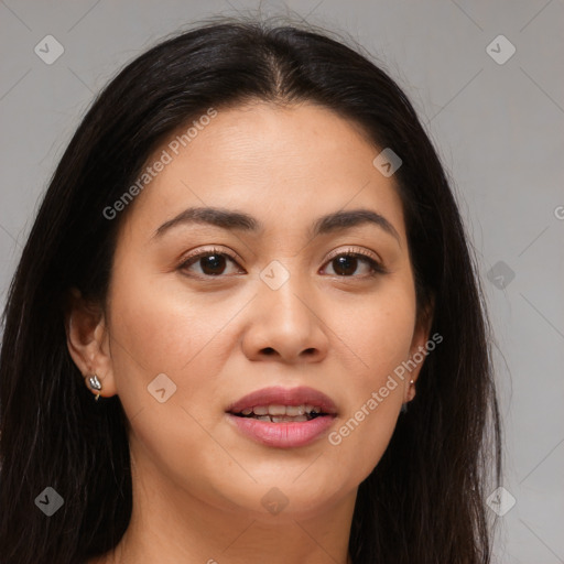 Joyful white young-adult female with long  brown hair and brown eyes