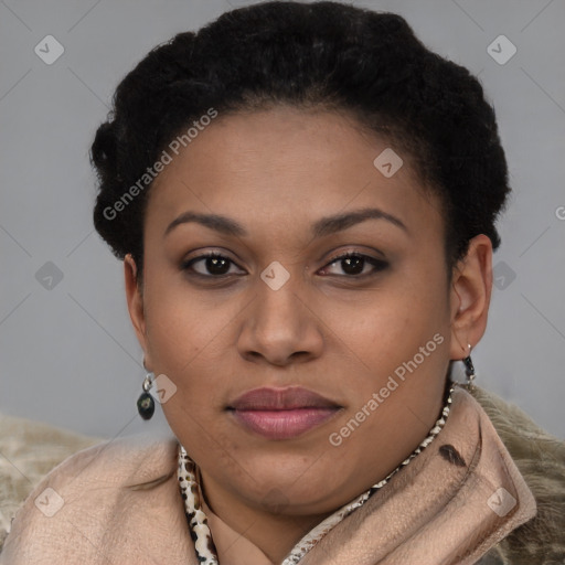 Joyful latino young-adult female with short  brown hair and brown eyes