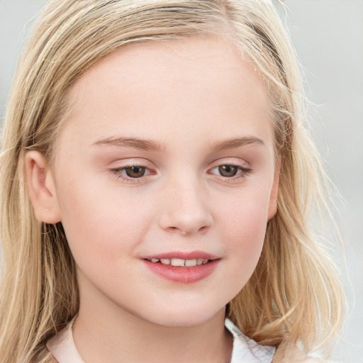 Joyful white child female with medium  brown hair and blue eyes