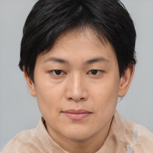 Neutral asian young-adult female with short  brown hair and brown eyes
