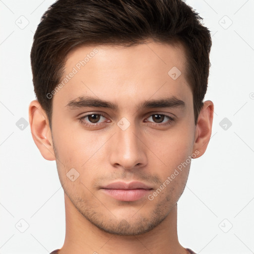 Neutral white young-adult male with short  brown hair and brown eyes