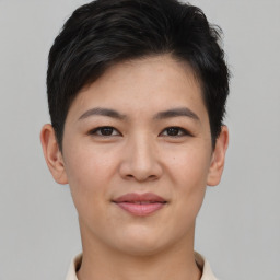 Joyful asian young-adult female with short  brown hair and brown eyes