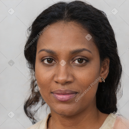 Joyful black young-adult female with medium  brown hair and brown eyes