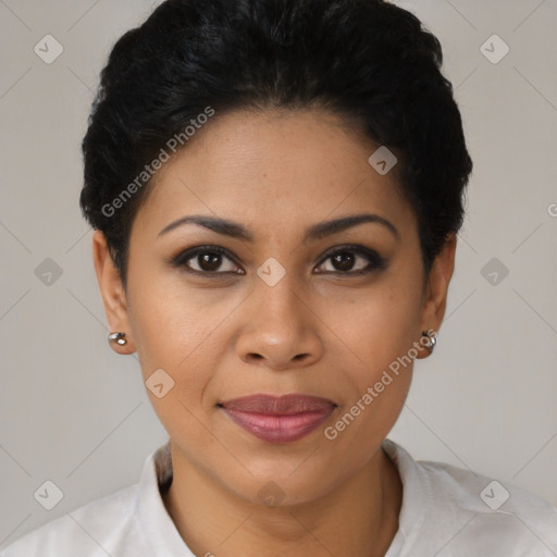 Joyful latino young-adult female with short  brown hair and brown eyes