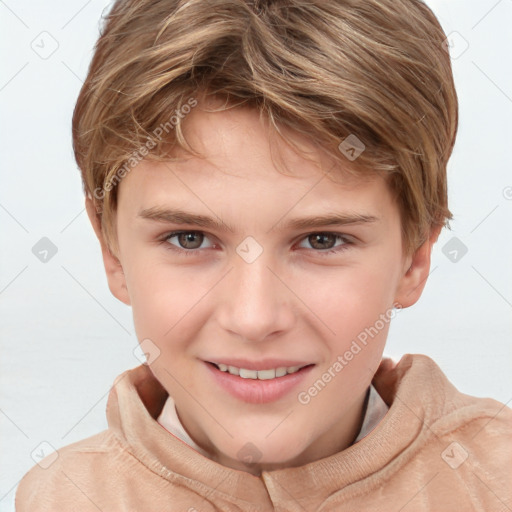 Joyful white child female with short  brown hair and brown eyes