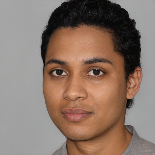 Neutral latino young-adult female with short  black hair and brown eyes