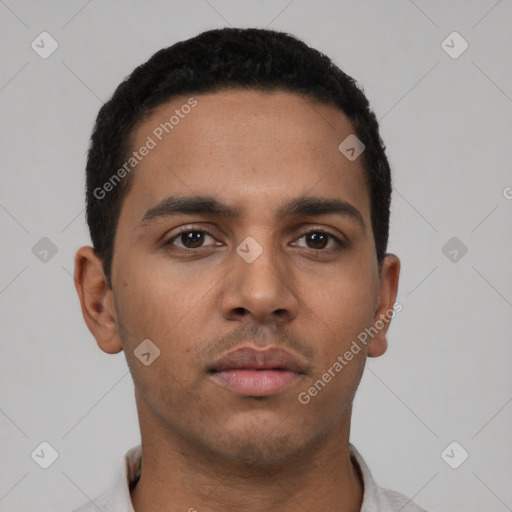 Neutral latino young-adult male with short  black hair and brown eyes