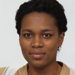 Neutral black young-adult female with short  black hair and brown eyes