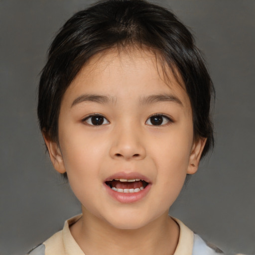 Joyful white child female with medium  brown hair and brown eyes
