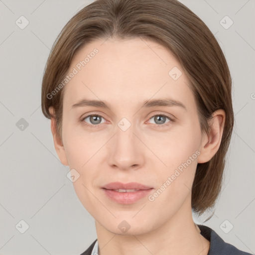 Neutral white young-adult female with medium  brown hair and grey eyes