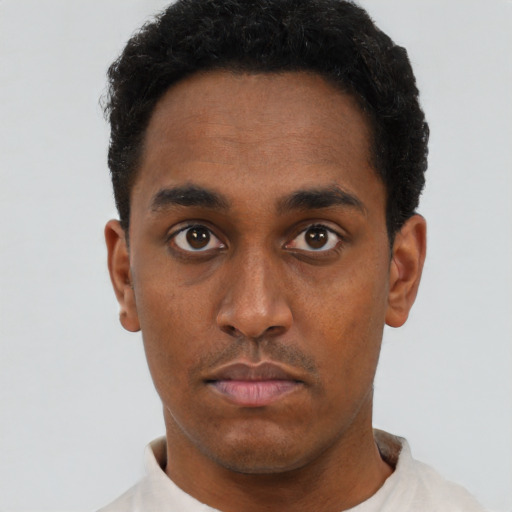 Neutral black young-adult male with short  black hair and brown eyes