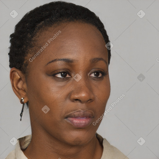 Neutral black young-adult female with short  brown hair and brown eyes